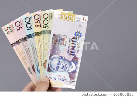 Haitian money in the hand on a gray background 105063833