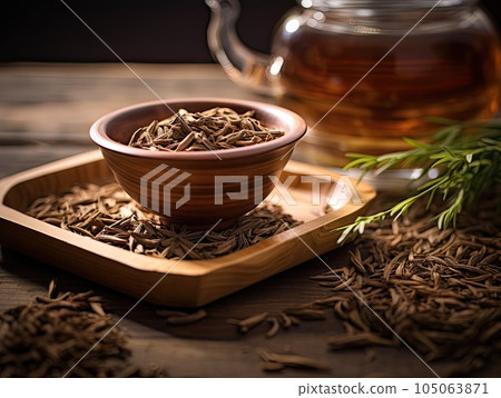 Japanese organic traditional Hojicha tea upclose photo with teaware in the background. Generative AI 105063871