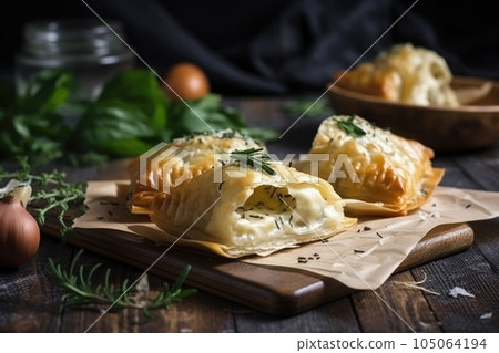 ravioli-style flaky puff pastries with filling of cheese and herbs, created with generative ai ravioli-style flaky puff pastries with filling of cheese and herbs, created with generative ai 105064194