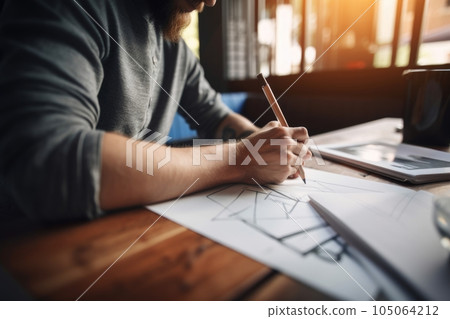 creative freelancer sketching out a design for a client, using pencil and paper, created with generative ai 105064212