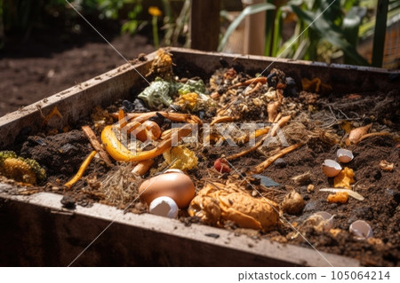 close-up of composting bin, with worms and other organisms visible, created with generative ai 105064214