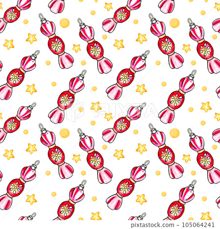 watercolor seamless pattern with festive elements, hand draw ornamental illustration of colored christmas tree toys, sweets for new year, christmas, winter holidays isolated on white background 105064241