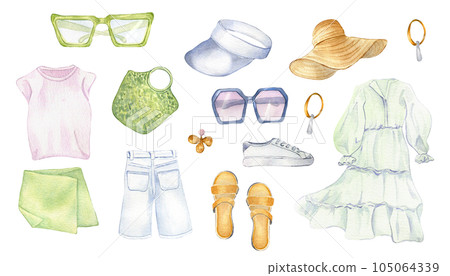 Set of woman's summer clothes watercolor illustration isolated on white. Outfit of top, skirt, dress, straw hat, shoes and sunglasses hand drawn. Design for textile, packaging, showcase, summer print 105064339