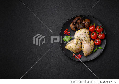 Delicious juicy grilled chicken with salt, spices and herbs with vegetables Delicious juicy grilled chicken with salt, spices and herbs with vegetables 105064719