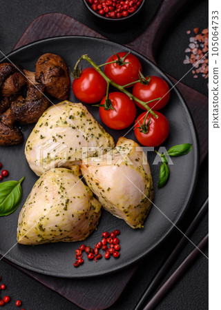 Delicious juicy grilled chicken with salt, spices and herbs with vegetables Delicious juicy grilled chicken with salt, spices and herbs with vegetables 105064733