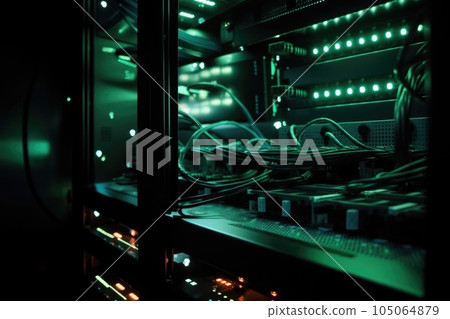 close-up of server rack with blinking lights and cables, created with generative ai 105064879