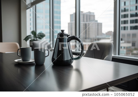 coffeepot and cups on sleek tabletop, with view of modern office, created with generative ai 105065052