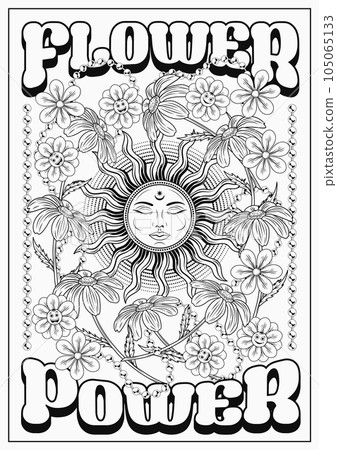 Groovy poster with sun, chamomile flowers, beads, text Flower Power. Peaceful summer concept. Retro 70s style. Grunge texture with scuff, scratchses. Black and white vintage illustration Groovy poster with sun, chamomile flowers, beads, text Flower Power. Peaceful summer concept. Retro 70s style. Grunge texture with scuff, scratchses. Black and white vintage illustration 105065133
