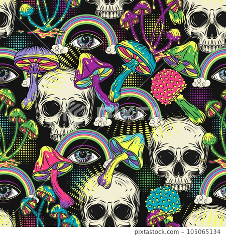 Pattern with rainbow, human skull, mushrooms, third eye. Concept of madness and craziness. Surreal illustration for groovy, hippie, mystical, psychedelic design Pattern with rainbow, human skull, mushrooms, third eye. Concept of madness and craziness. Surreal illustration for groovy, hippie, mystical, psychedelic design 105065134