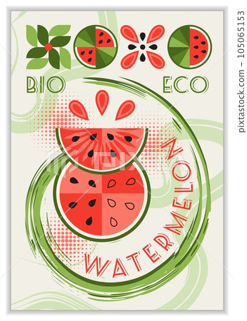 Vertical poster with watermelon, abstract geometric shapes, spiral paint brush stroke. Good for branding, decoration of food package, cover design, decorative print, background, wall decoration Vertical poster with watermelon, abstract geometric shapes, spiral paint brush stroke. Good for branding, decoration of food package, cover design, decorative print, background, wall decoration 105065153