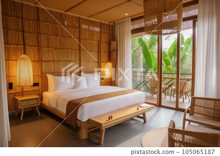 eco-friendly hotel room, with bamboo furniture and natural linens, created with generative ai 105065187
