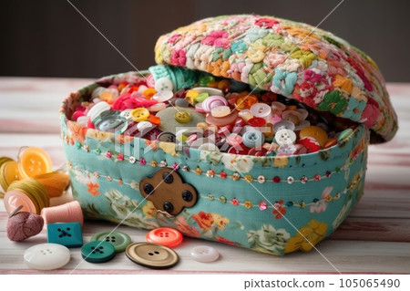 sewing basket overflowing with colorful fabrics, buttons, and thread, created with generative ai 105065490
