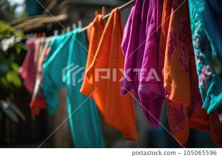 close-up of bright and colorful garments hanging on a clothesline, created with generative ai 105065596