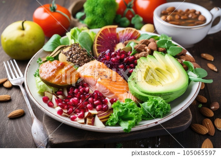 a plate with a mix of different healthy and nutritious meal options, created with generative ai 105065597