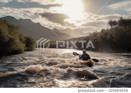 water sports enthusiast paddling down river, with stunning scenery in the background, created with generative ai water sports enthusiast paddling down river, with stunning scenery in the background, created with generative ai 105065639