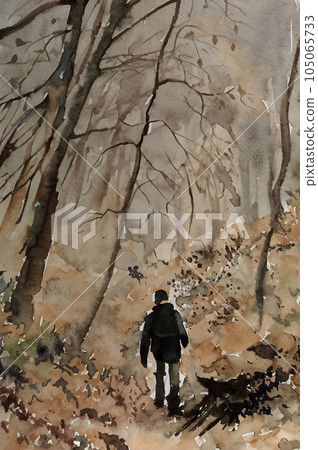 攀登山路的男子剪影水彩畫生成 AI 105065733