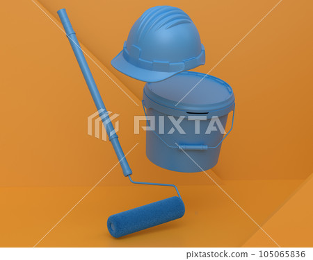 Abstract scene with safety helmet, bucket with paint rollers on monochrome Abstract scene with safety helmet, bucket with paint rollers on monochrome 105065836