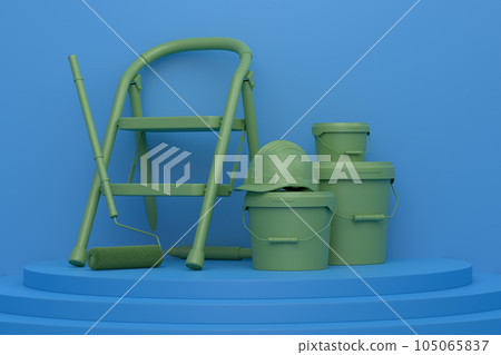 Abstract scene with folding ladder, bucket and paint roller on monochrome 105065837