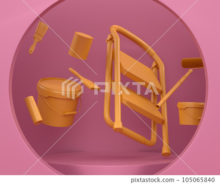 Abstract scene with folding ladder, bucket and paint roller on monochrome 105065840