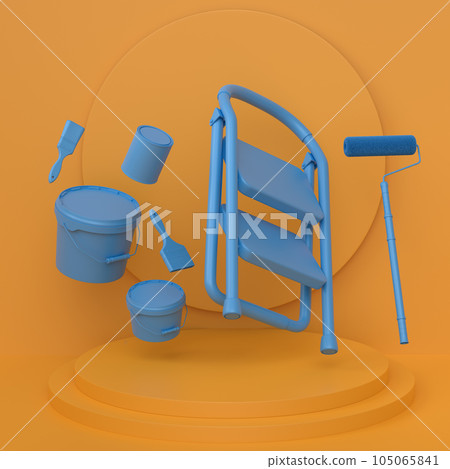 Abstract scene with folding ladder, bucket and paint roller on monochrome Abstract scene with folding ladder, bucket and paint roller on monochrome 105065841