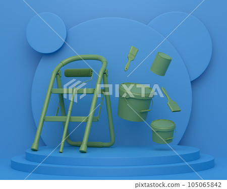 Abstract scene with folding ladder, bucket and paint roller on monochrome Abstract scene with folding ladder, bucket and paint roller on monochrome 105065842