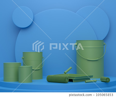 Abstract scene with safety helmet, bucket with paint rollers on monochrome Abstract scene with safety helmet, bucket with paint rollers on monochrome 105065853
