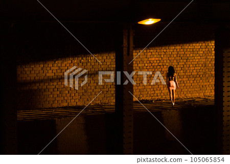 A prostitute waiting for a client in a dark part of the city, the street. A prostitute waiting for a client in a dark part of the city, the street. 105065854