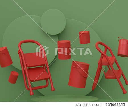 Abstract scene with folding ladder, bucket and paint roller on monochrome Abstract scene with folding ladder, bucket and paint roller on monochrome 105065855