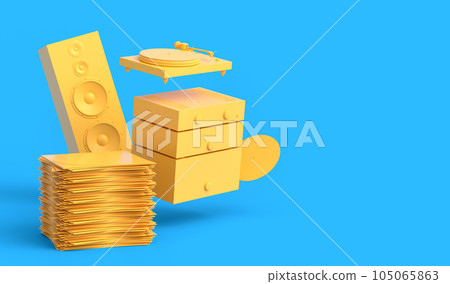 Set of Hi-fi speakers and DJ turntable with vinyl LP record on heap of covers 105065863