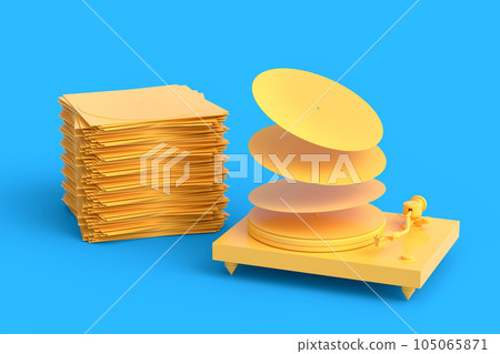 Set of Hi-fi speakers and DJ turntable with vinyl LP record on heap of covers 105065871