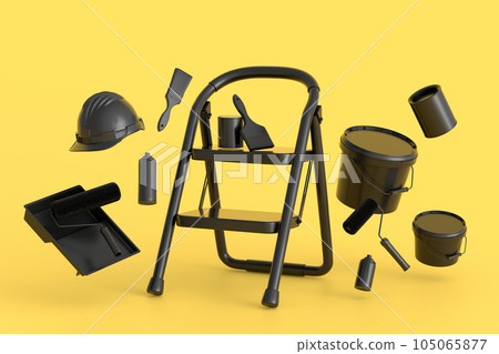 Set of folding ladder, bucket, helmet with paint rollers and brushes Set of folding ladder, bucket, helmet with paint rollers and brushes 105065877