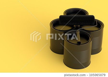 Set of metal cans or buckets with paint roller and brush on monochrome. Set of metal cans or buckets with paint roller and brush on monochrome. 105065879