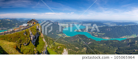 panoramic view from the top of Mount Schafberg over the landscape with mountains and Lake Mondsee, Alps, Austria 105065964
