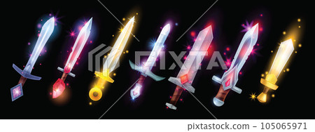 3D sword game set, pirate fantasy RPG weapon icon vector kit, medieval knife cartoon assets.  105065971