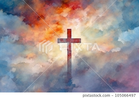Clouds as a backdrop for Christian cross, sign of faith Generative Ai 105066497