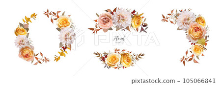 Elegant, floral autumn wreath frame set. Vector fall watercolor yellow rose flowers, cream dahlia, burgundy red, orange eucalyptus leaves, branch bouquet illustration. Editable wedding invite template Elegant, floral autumn wreath frame set. Vector fall watercolor yellow rose flowers, cream dahlia, burgundy red, orange eucalyptus leaves, branch bouquet illustration. Editable wedding invite template 105066841