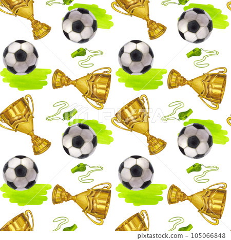 Seamless pattern golden winner cup trophy, soccer ball, whistle, victory, prize. Hand draw watercolor illustration isolated on white background. Textile, print, wrapping paper 105066848