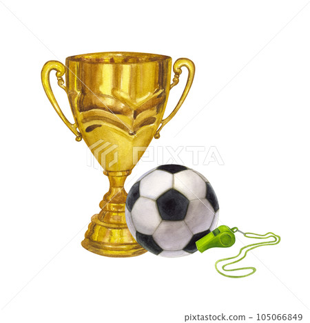Golden winner cup trophy, soccer ball, whistle, victory, prize. Hand draw watercolor illustration isolated on white background. Competition, sport, logo 105066849