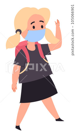 School girl wearing medical mask walking with bag School girl wearing medical mask walking with bag 105066901