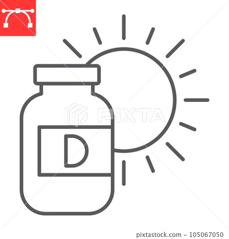 Vitamin D line icon, supplements and health, vitamin D bottle vector icon, vector graphics, editable stroke outline sign, eps 10. Vitamin D line icon, supplements and health, vitamin D bottle vector icon, vector graphics, editable stroke outline sign, eps 10. 105067050