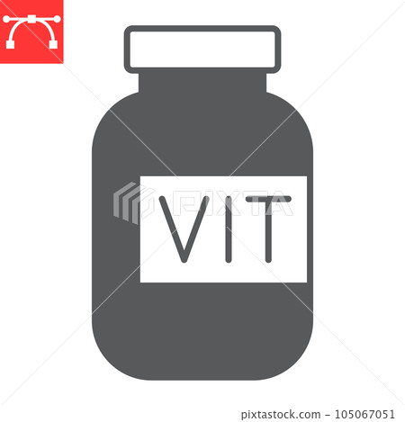 Vitamin bottle glyph icon, supplements and health, pills bottle vector icon, vector graphics, editable stroke solid sign, eps 10. Vitamin bottle glyph icon, supplements and health, pills bottle vector icon, vector graphics, editable stroke solid sign, eps 10. 105067051
