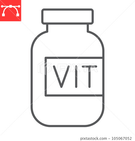 Vitamin bottle line icon, supplements and health, pills bottle vector icon, vector graphics, editable stroke outline sign, eps 10. Vitamin bottle line icon, supplements and health, pills bottle vector icon, vector graphics, editable stroke outline sign, eps 10. 105067052