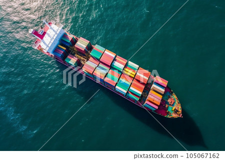 Container ship aerial drone view, sea freight business logistics, export and import, shipping cargo boat transpor. 105067162