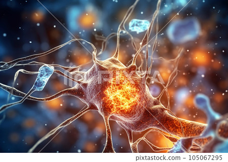 A visualization of active nerve cells in the brain, 3D illustration 105067295