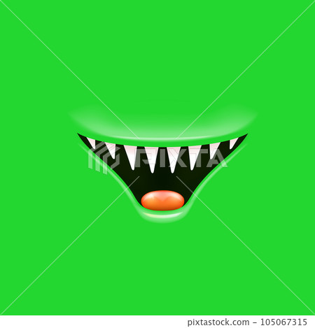 Vector Cartoon open mouth with fangs isolated on green background. Funny and cute green funny Halloween Monster open mouth with big vampire fangs. jaws and mouth of the beast cartoon illustration 105067315