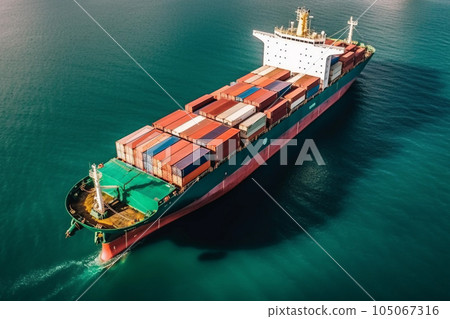 Shipping cargo boat in open sea, aerial view from drone, logistic import and export sea freight business. 105067316