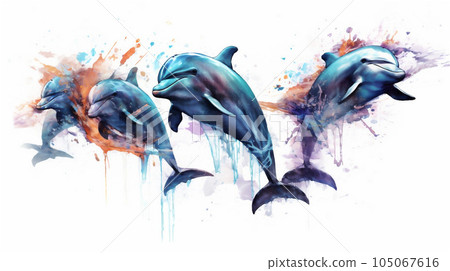 Generative AI, Graceful Leaps: Watercolor Drawing of Dolphins in Mid-Air Generative AI, Graceful Leaps: Watercolor Drawing of Dolphins in Mid-Air 105067616