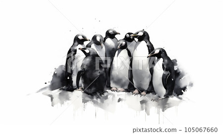 Generative AI, Arctic Unity: Watercolor Drawing of Penguins Huddling Together 105067660