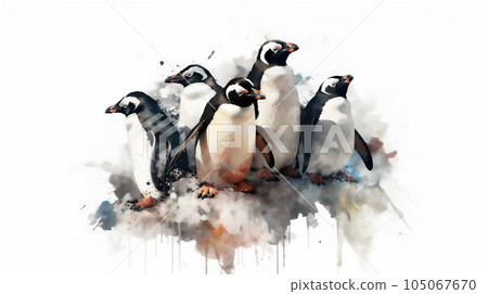 Generative AI, Arctic Unity: Watercolor Drawing of Penguins Huddling Together 105067670