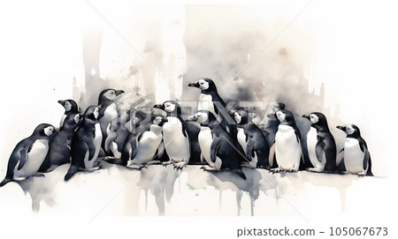 Generative AI, Arctic Unity: Watercolor Drawing of Penguins Huddling Together 105067673